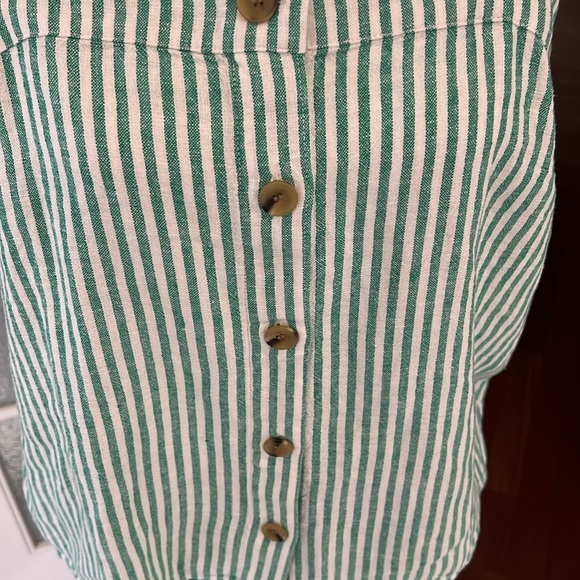 J Crew green and white stripe linen top with front buttons elastic back. - Picture 2 of 6